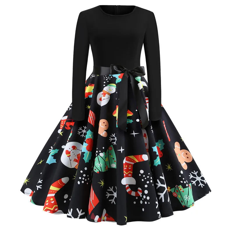 Vintage Christmas Dress for Women Elegant Swing Party Gown Long Sleeve Black Casual Print 50s 60s Style