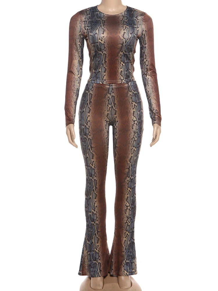 Kliou Serpentine Print 2 Piece Set Woman o-Neck Full Sleeve Tops+Skinny Peach Hip Long Pants Hot Girls Street Sexy Fashion Suits