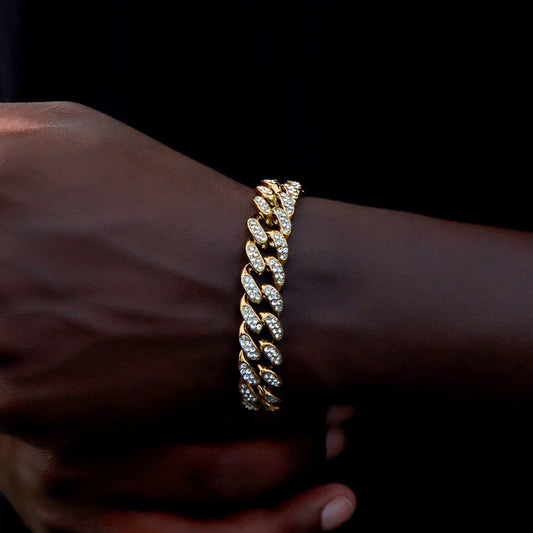 Hip Hop Cuban Link Bracelet for Men Women, Iced Out Rhinestone Gold Silver Color Miami Chain, Unisex Bling Jewelry Gift