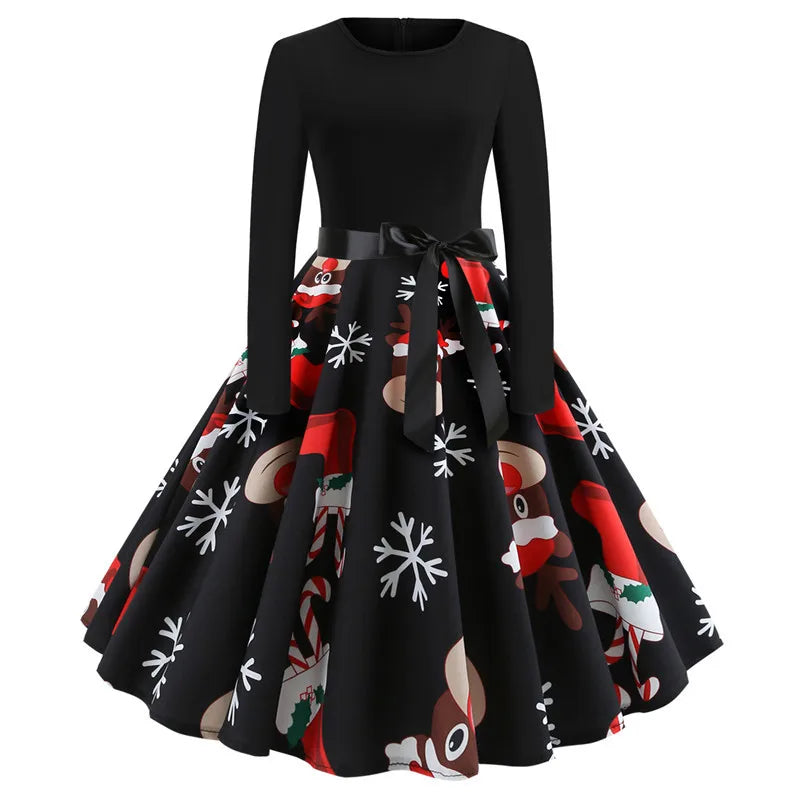 Vintage Christmas Dress for Women Elegant Swing Party Gown Long Sleeve Black Casual Print 50s 60s Style