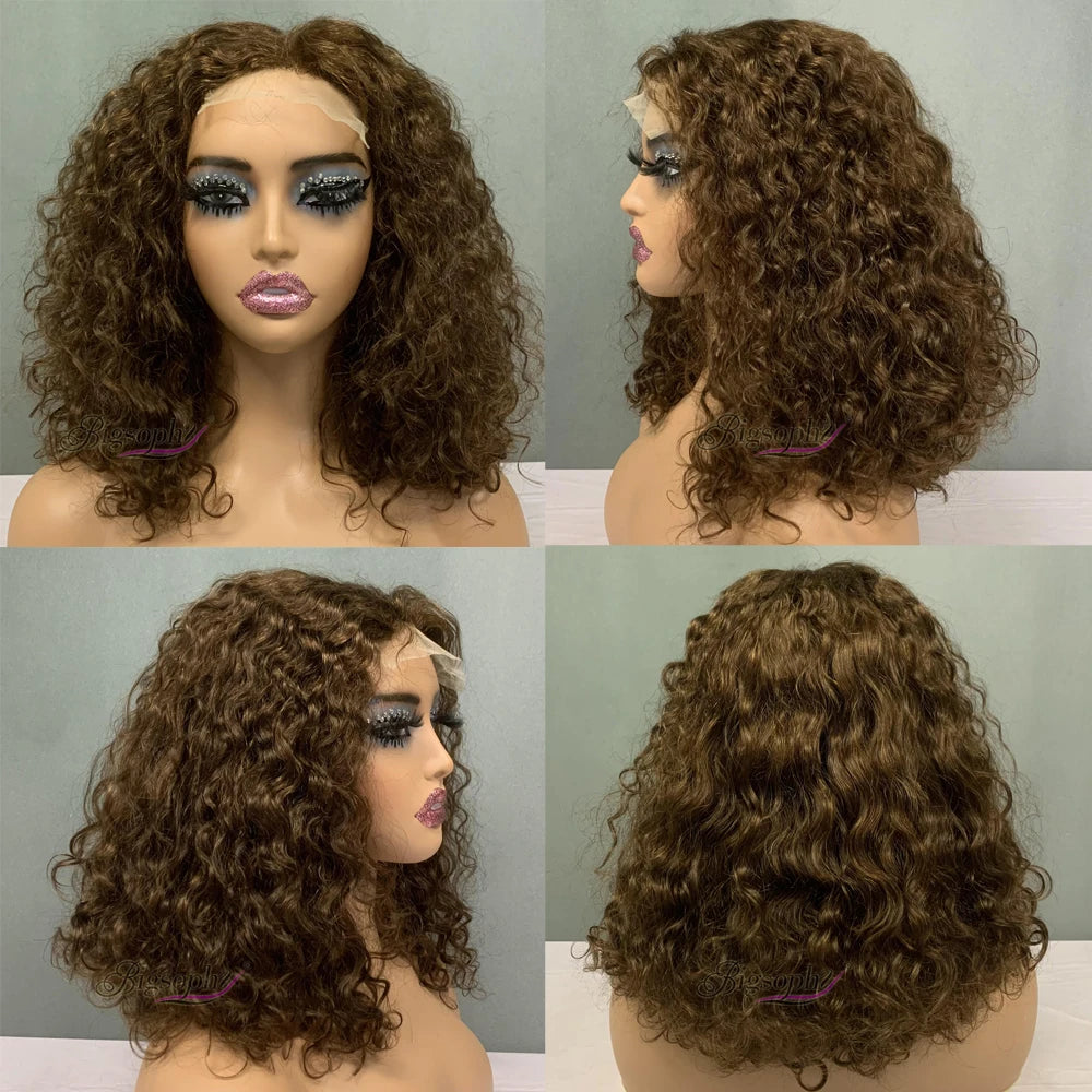 Promotion Price #T4304 Super Double Drawn Verified Suppliers for Human Hair Wigs,14Inch Ombre Luxury Curl 4X4 Lace Closure Wigs