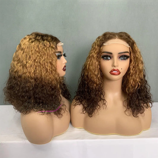 Promotion Price #T4304 Super Double Drawn Verified Suppliers for Human Hair Wigs,14Inch Ombre Luxury Curl 4X4 Lace Closure Wigs