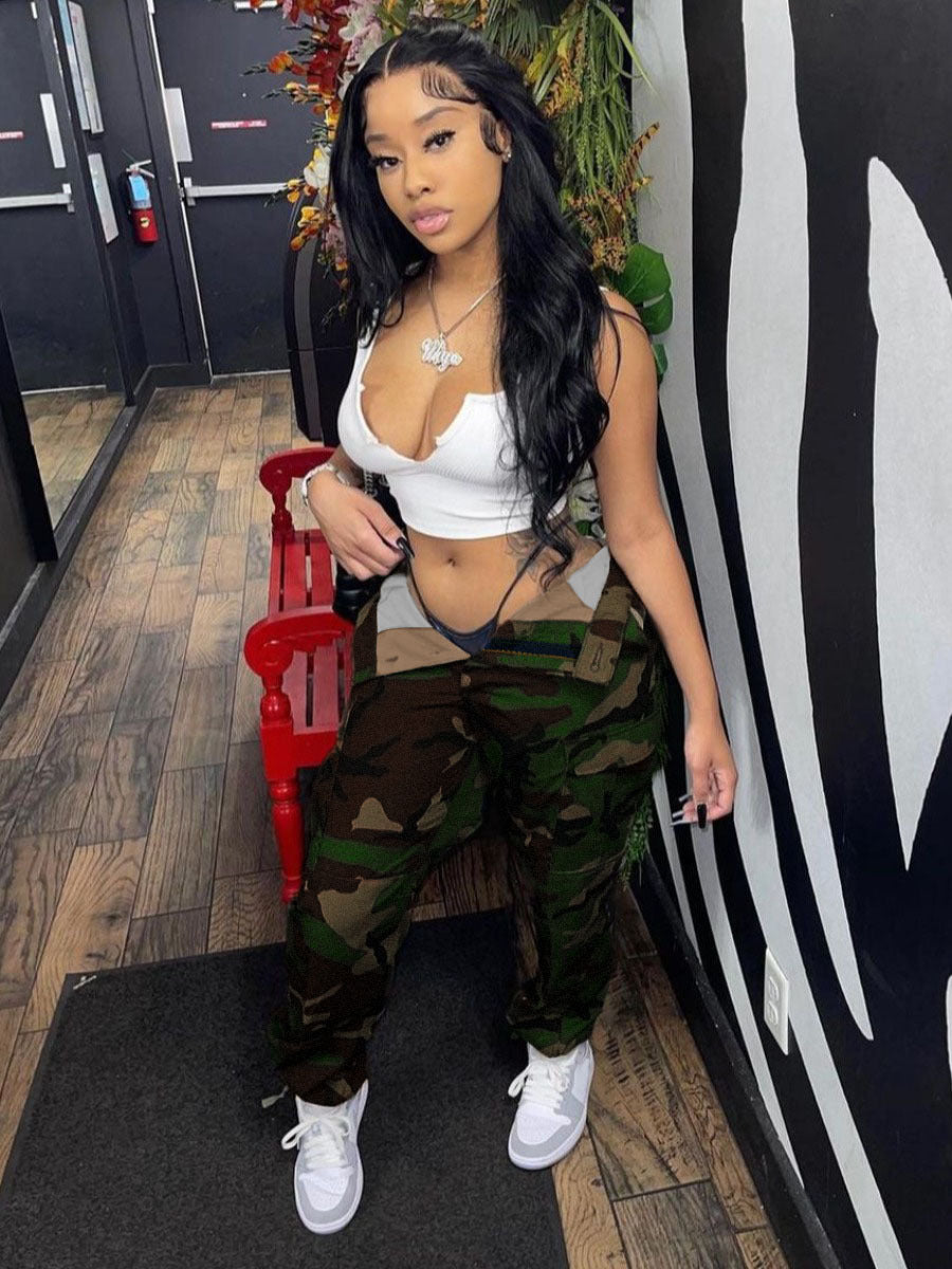 Spot supply European and American College explosions jeans high waist micro-elastic large size fat pants foreign trade camouflage pants