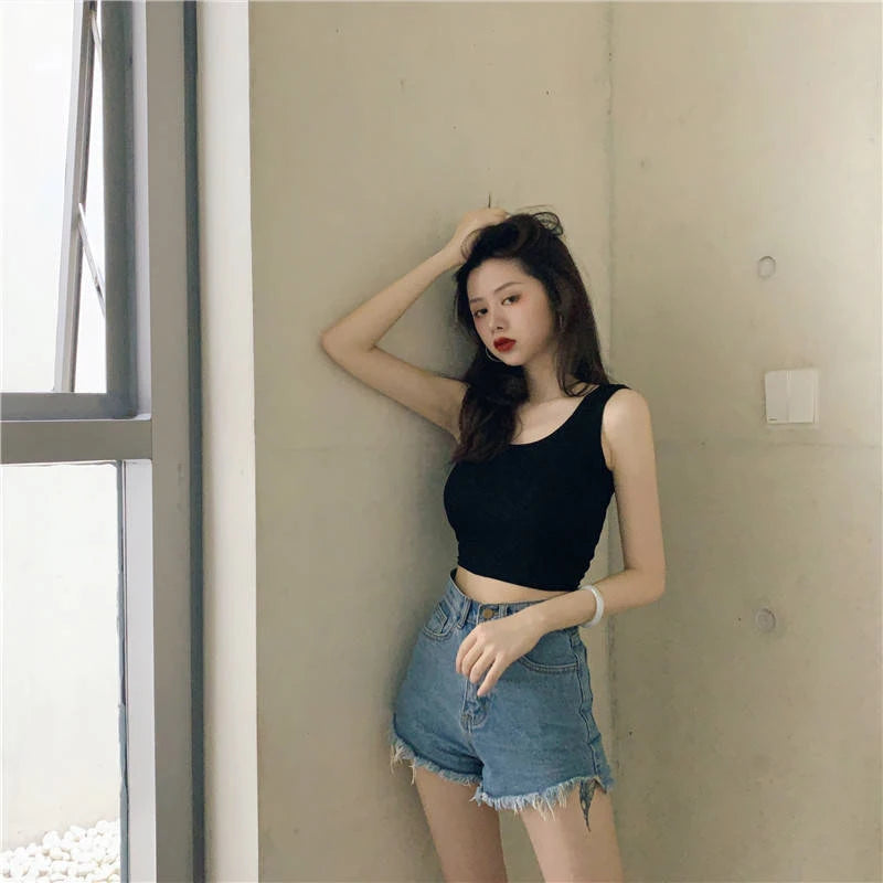 Black Knitted Round Neck Women T-shirt Sexy Sleeveless Camisole Crop Top Woman Tight Stretch Tank Top Ladies Tee Top Streetwear