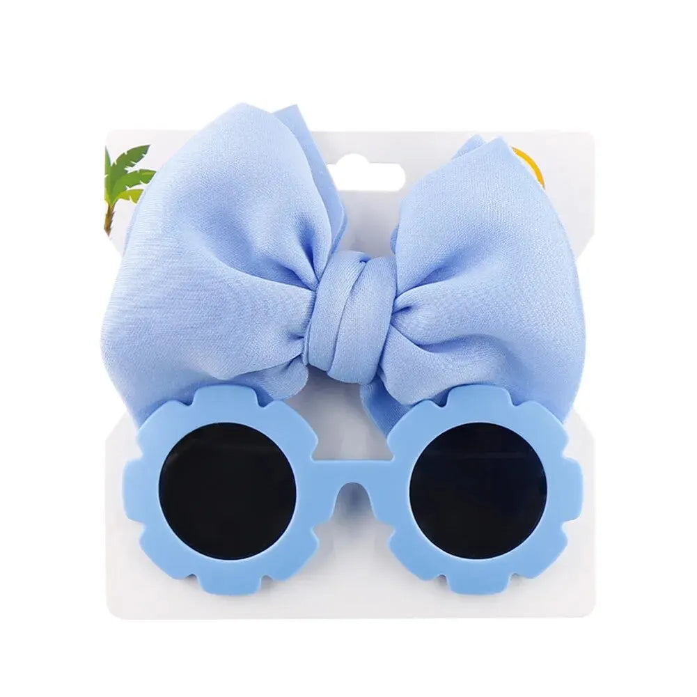 2 Pcs/Set Baby Sunglasses Hairband Set Flower Shape Children Glasses Cartoon Bows Headband Set