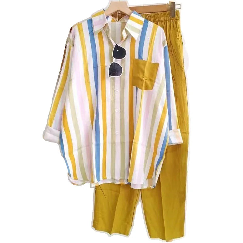 Loose Casual Two Piece Sets For Women Fashion Elegant Comfort Striped Long Sleeve Shirts And Pants Sportswear 2026 Spring Summer