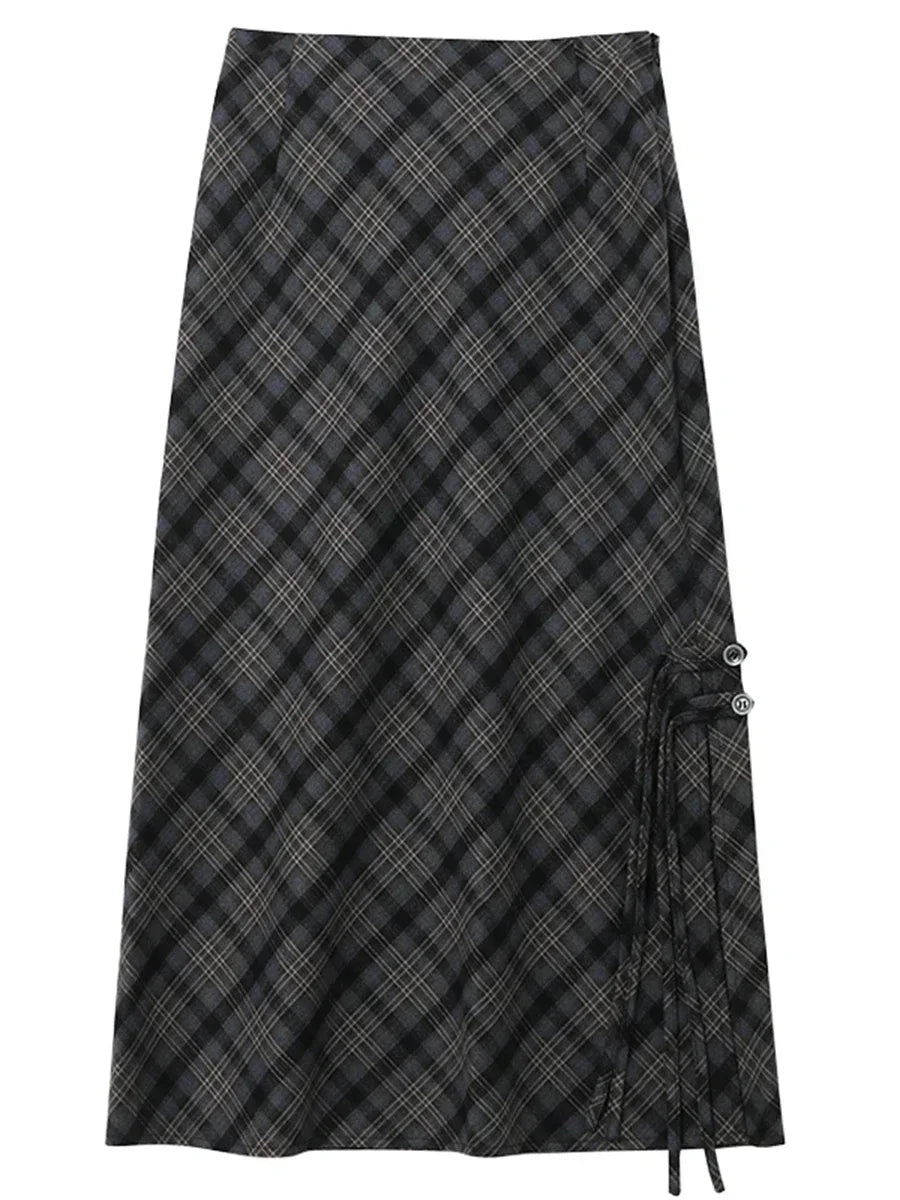 CHIC VEN Women Long Skirt Casual New Sweet Cool Style High Waist Slit Plaid Half Skirt Straight Tube Skirts Spring Autumn 2024