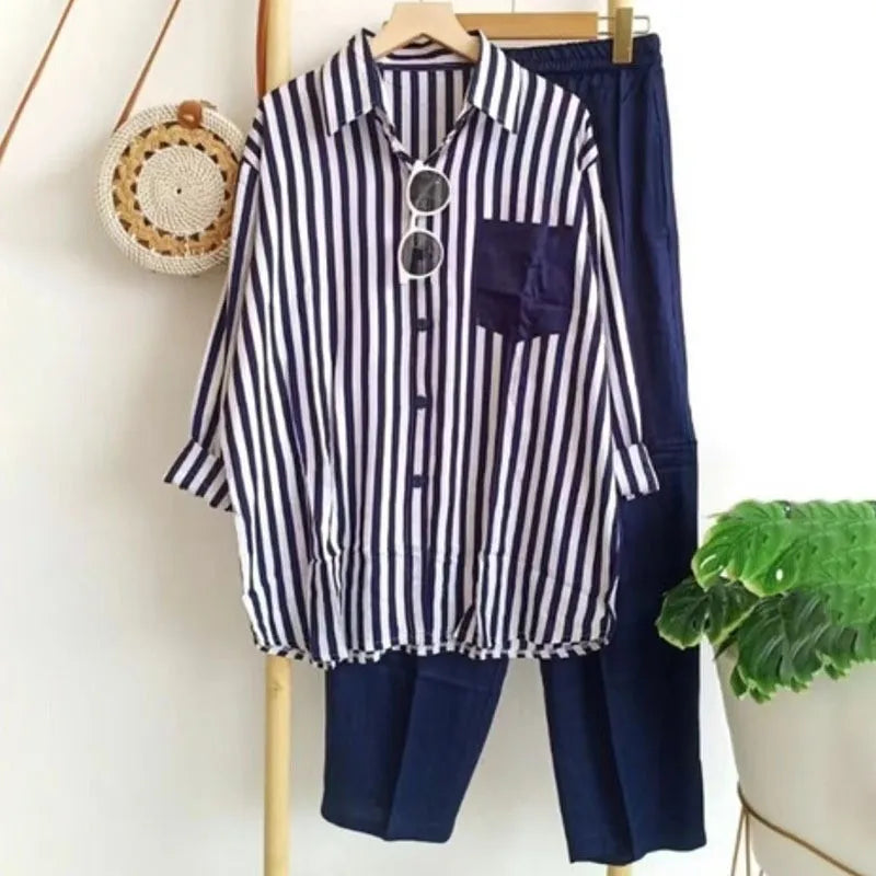 Loose Casual Two Piece Sets For Women Fashion Elegant Comfort Striped Long Sleeve Shirts And Pants Sportswear 2026 Spring Summer