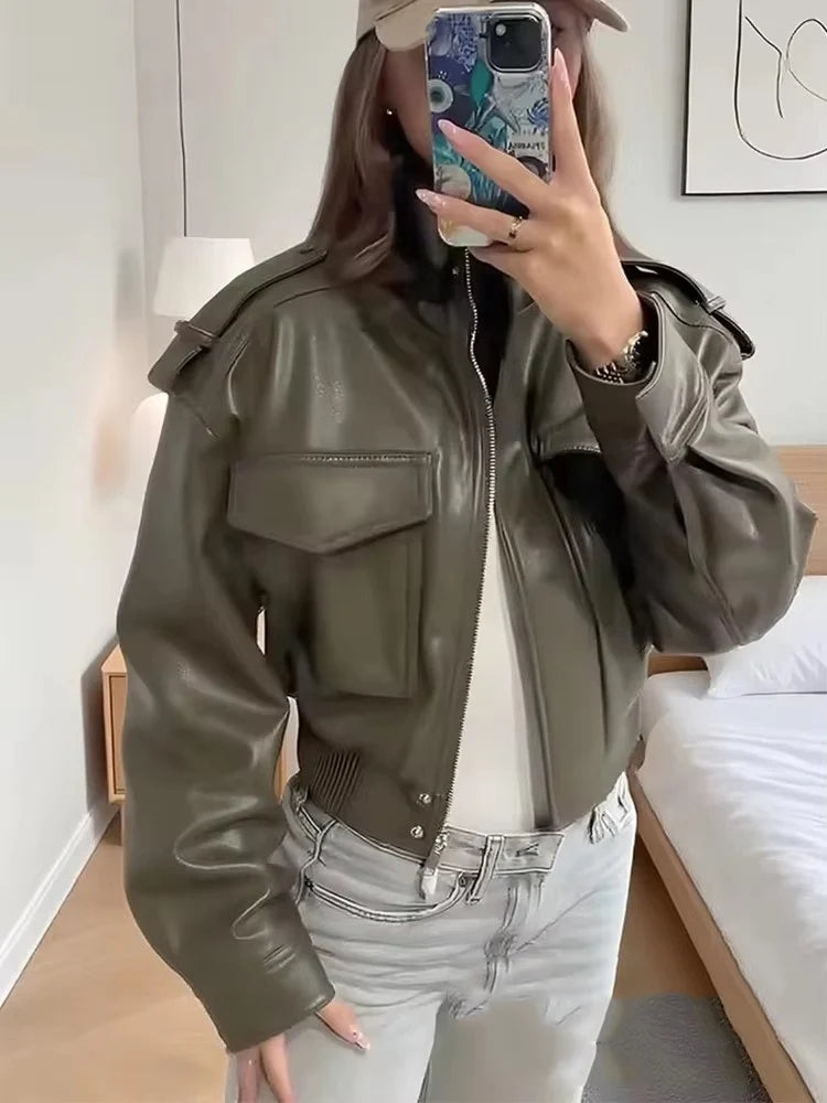 Chic Fashion Faux Leather Jackets for Women Loose Zipper Long Sleeve Female Short Coats 2026 Autumn Lady Casual New Outerwear ﻿