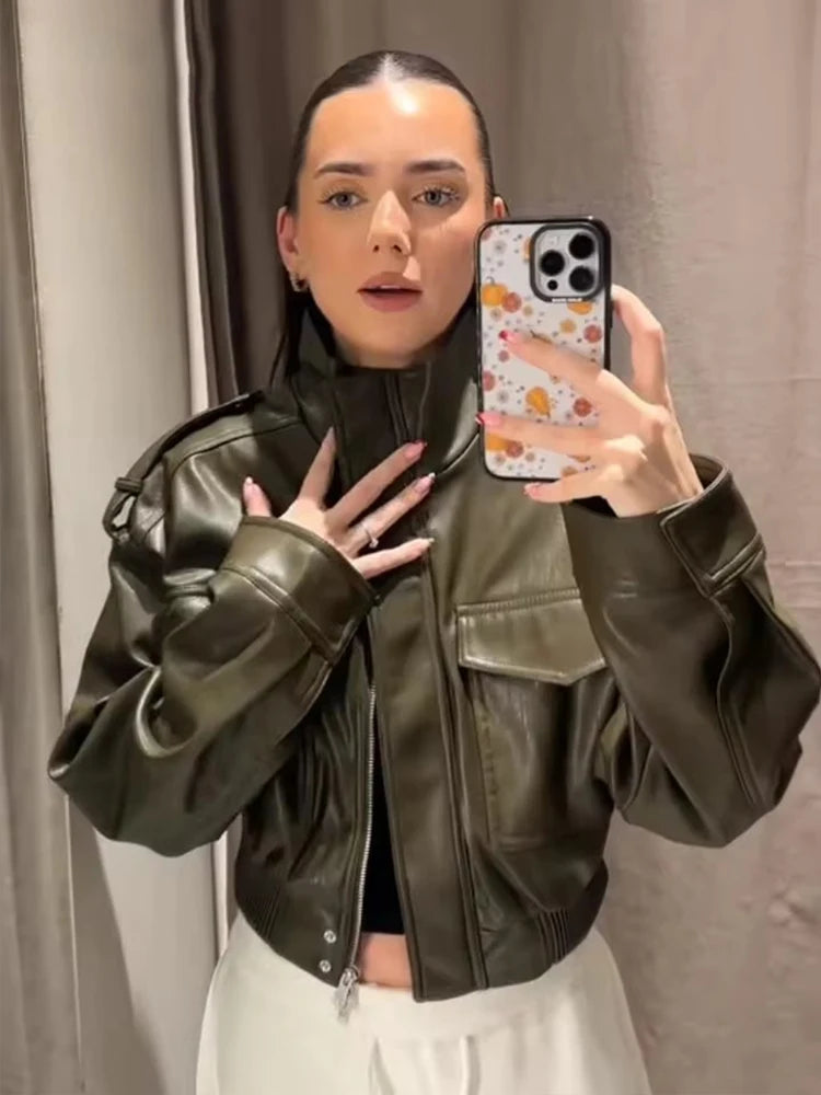 Chic Fashion Faux Leather Jackets for Women Loose Zipper Long Sleeve Female Short Coats 2026 Autumn Lady Casual New Outerwear ﻿