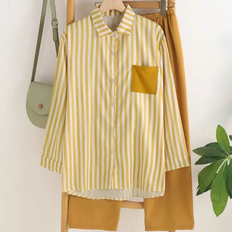Loose Casual Two Piece Sets For Women Fashion Elegant Comfort Striped Long Sleeve Shirts And Pants Sportswear 2026 Spring Summer
