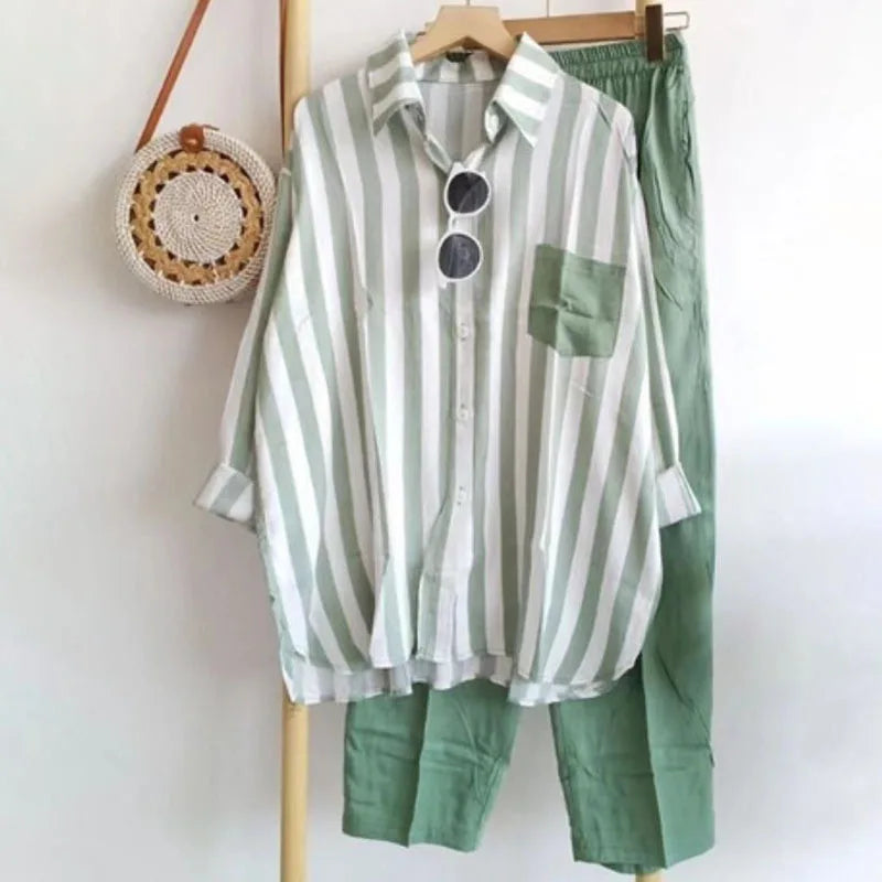 Loose Casual Two Piece Sets For Women Fashion Elegant Comfort Striped Long Sleeve Shirts And Pants Sportswear 2026 Spring Summer