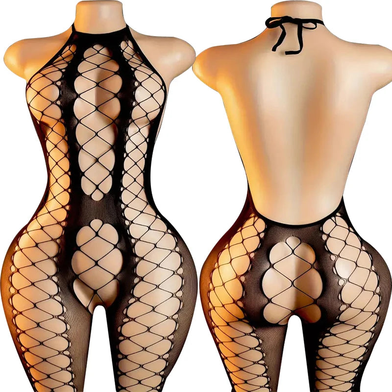 New Sexy Big Loophole Open Bras Body Suits Erotic Crotchless Lingerie Women Fishnet Hollow Dress Black Plus Size Underwear Sets
