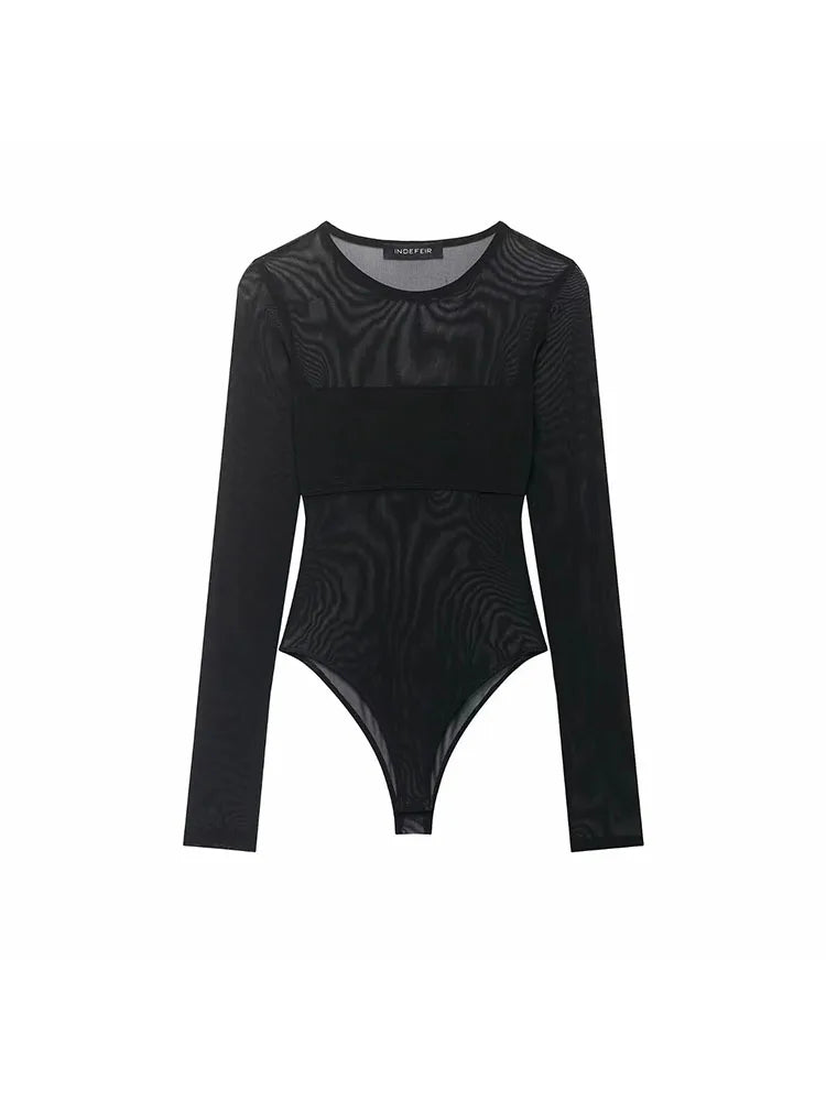 Women Sexy Mesh See Through Bodysuit Women Long Sleeve Sheer Bodysuits O Neck Bodycon Jumpsuit Female Romper