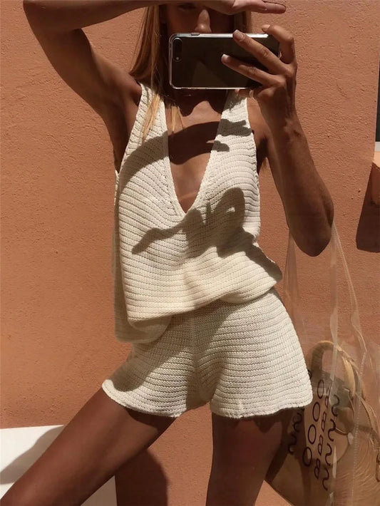 Casual Shorts Set For Spring Summer Comfortable Everyday Lazy Style Solid Color V-neck Pullover Knitted Vest Short Two-piece Set