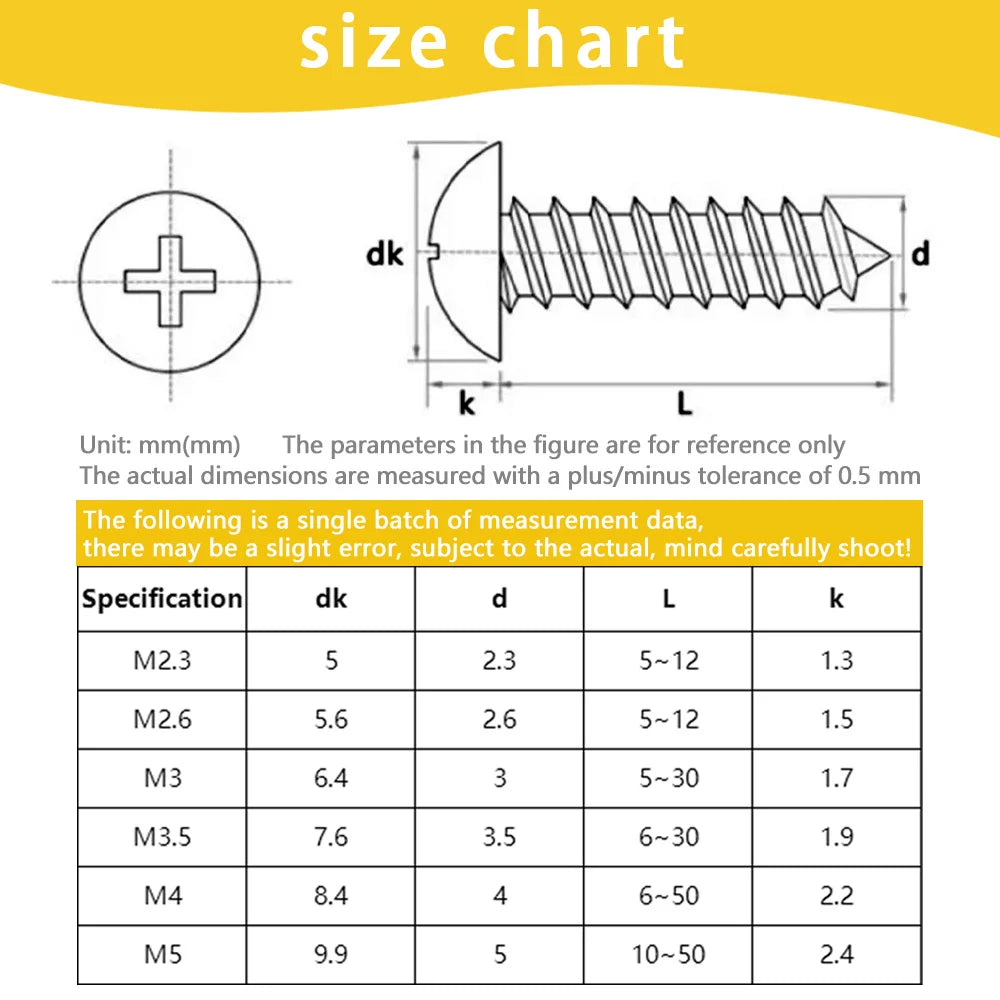 20-200pcs Black Carbon Steel Phillips Truss Head Screw M2.3 M2.6 M3 M3.5 M4 M5 M6 Cross Recessed Flat Head Self-Tapping Screws