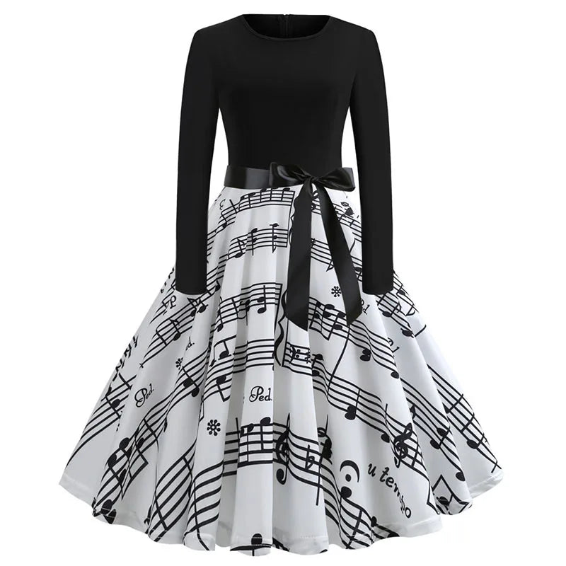 Vintage Christmas Dress for Women Elegant Swing Party Gown Long Sleeve Black Casual Print 50s 60s Style