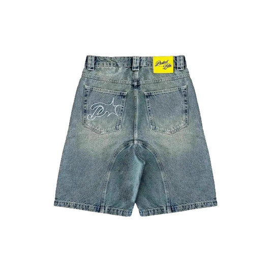 Premium Vintage Y2k Men Women Harajuku Short Jeans Washed Embroidery American Retro Man Denim shorts Summer Loose Hip Hop Streetwear limited