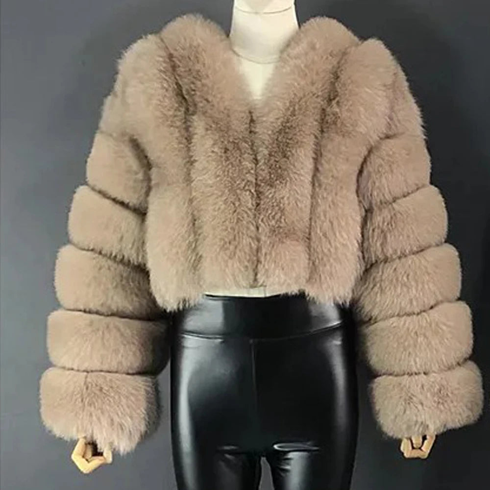 Faux Fox Fur Coat V-Neck Winter Woman Long Sleeve Warm Winter Coat Women Fashion Luxury New Fur Jacket Teddy Chic Outwear 2024