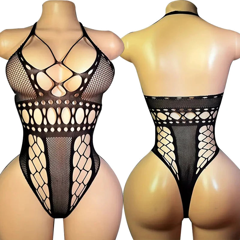 New Sexy Big Loophole Open Bras Body Suits Erotic Crotchless Lingerie Women Fishnet Hollow Dress Black Plus Size Underwear Sets