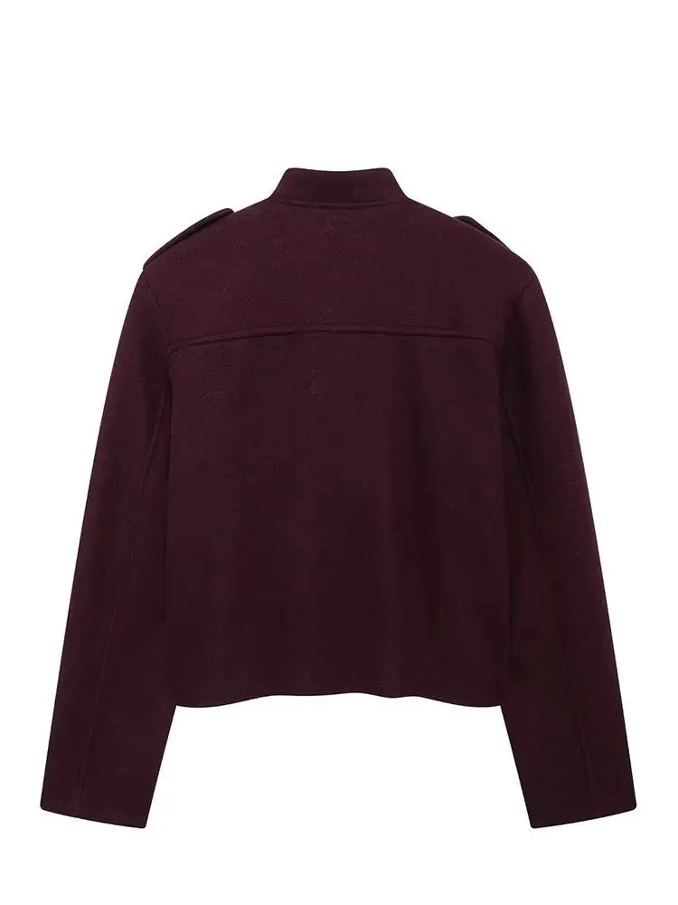 HH Women Vintage Wine Red Coat O Neck Long Sleeve Single Breasted Jacket With Pockets Autumn Casual Office Lady Outerwear