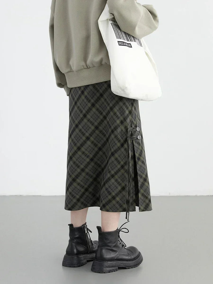 CHIC VEN Women Long Skirt Casual New Sweet Cool Style High Waist Slit Plaid Half Skirt Straight Tube Skirts Spring Autumn 2024