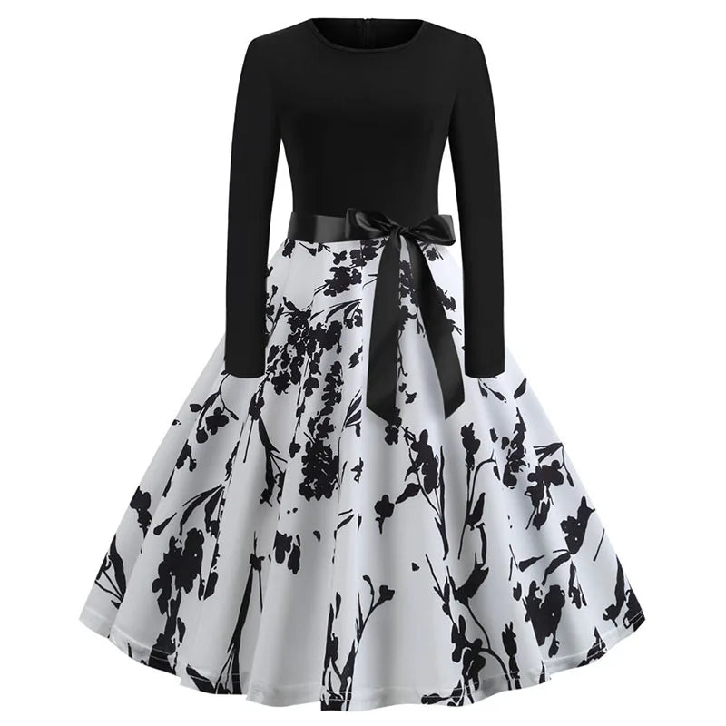 Vintage Christmas Dress for Women Elegant Swing Party Gown Long Sleeve Black Casual Print 50s 60s Style