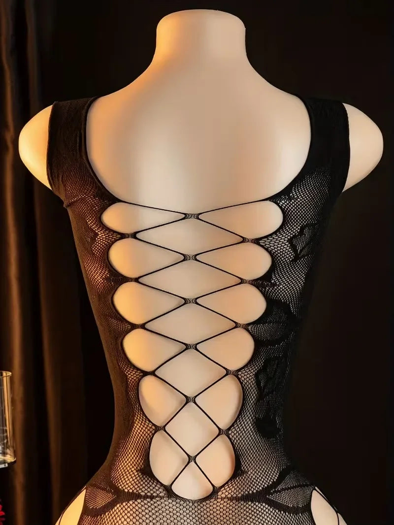 New Sexy Big Loophole Open Bras Body Suits Erotic Crotchless Lingerie Women Fishnet Hollow Dress Black Plus Size Underwear Sets