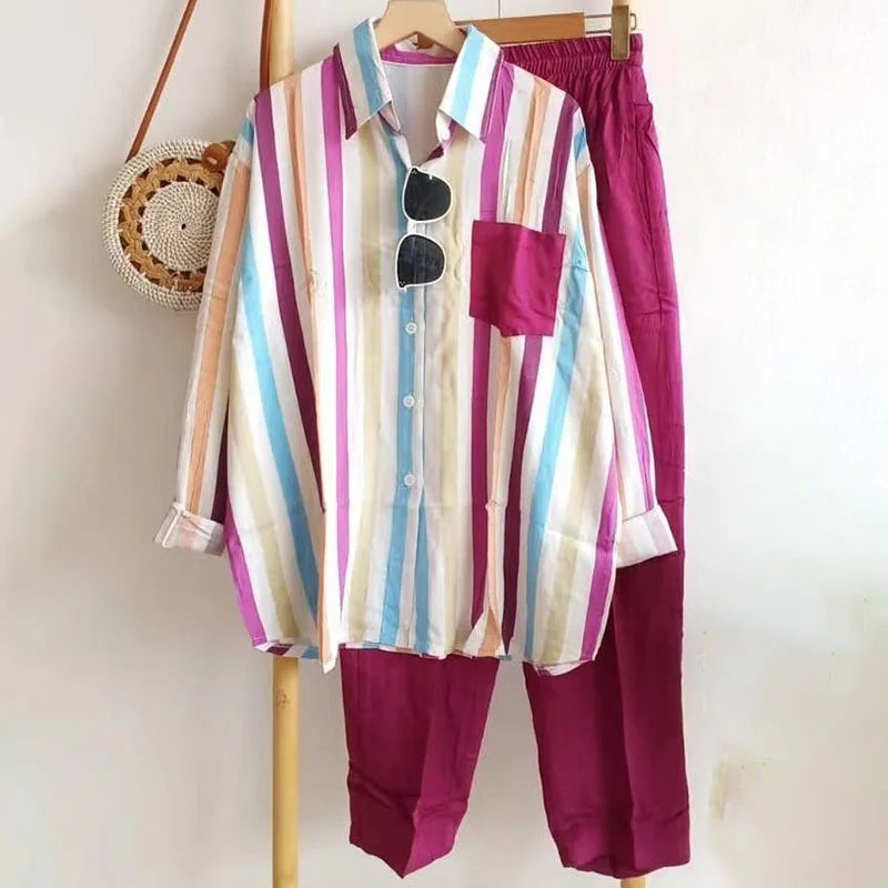 Loose Casual Two Piece Sets For Women Fashion Elegant Comfort Striped Long Sleeve Shirts And Pants Sportswear 2026 Spring Summer