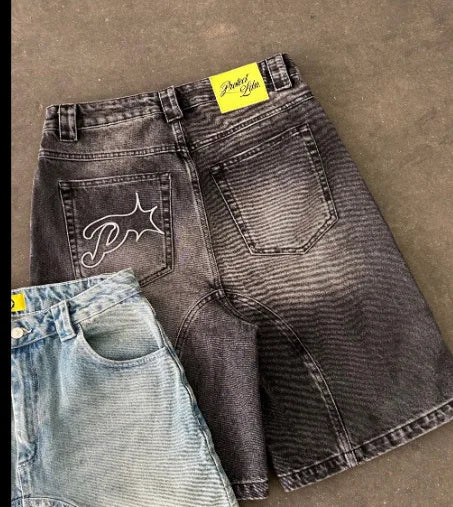 Premium Vintage Y2k Men Women Harajuku Short Jeans Washed Embroidery American Retro Man Denim shorts Summer Loose Hip Hop Streetwear limited