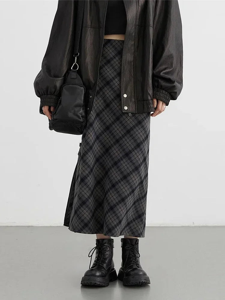 CHIC VEN Women Long Skirt Casual New Sweet Cool Style High Waist Slit Plaid Half Skirt Straight Tube Skirts Spring Autumn 2024