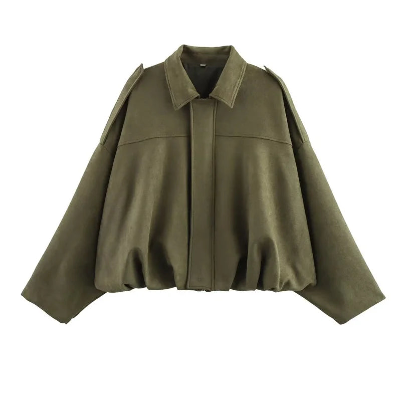 ETJ 2026 Spring New Women's Suede Texture Effect Loose Version of Fashion Lapel Shoulder Jacket