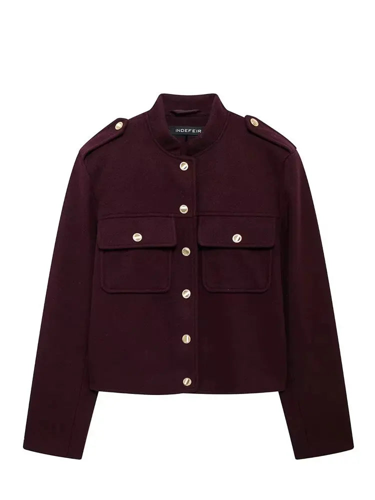 HH Women Vintage Wine Red Coat O Neck Long Sleeve Single Breasted Jacket With Pockets Autumn Casual Office Lady Outerwear