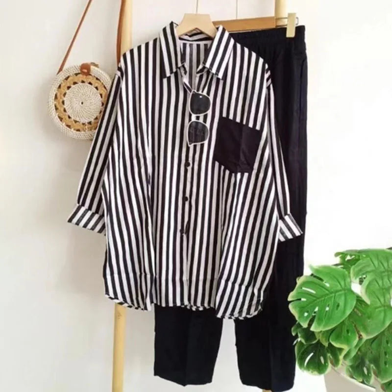 Loose Casual Two Piece Sets For Women Fashion Elegant Comfort Striped Long Sleeve Shirts And Pants Sportswear 2026 Spring Summer