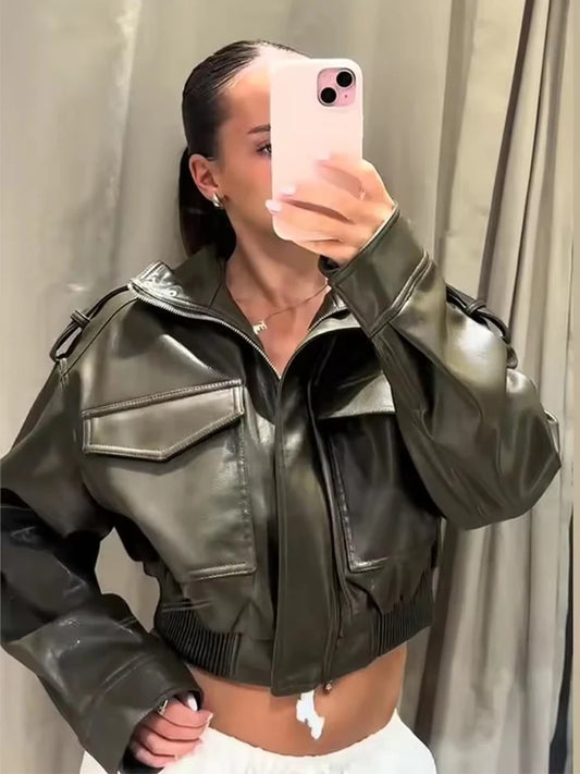 Chic Fashion Faux Leather Jackets for Women Loose Zipper Long Sleeve Female Short Coats 2026 Autumn Lady Casual New Outerwear ﻿
