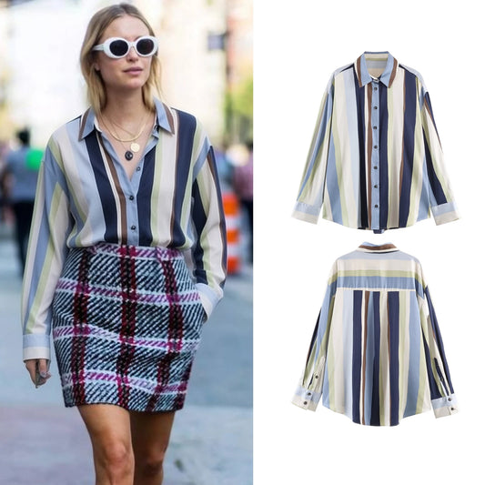 Women Striped Shirts Spring Summer Female Turn-Down Collar Blocking Design Long Sleeved Casual Shirt Tops Ladies' Shirt