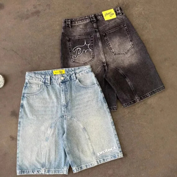 Premium Vintage Y2k Men Women Harajuku Short Jeans Washed Embroidery American Retro Man Denim shorts Summer Loose Hip Hop Streetwear limited