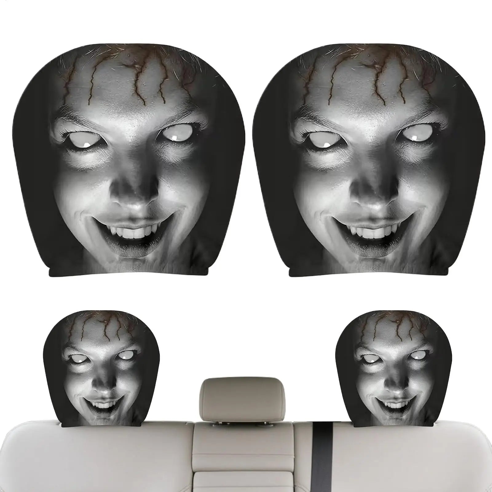 2pcs Headrest Covers For Cars Automotive Seat Guard Cute Scary Face Pattern Cartoon Car Headrest Covers For Decoration