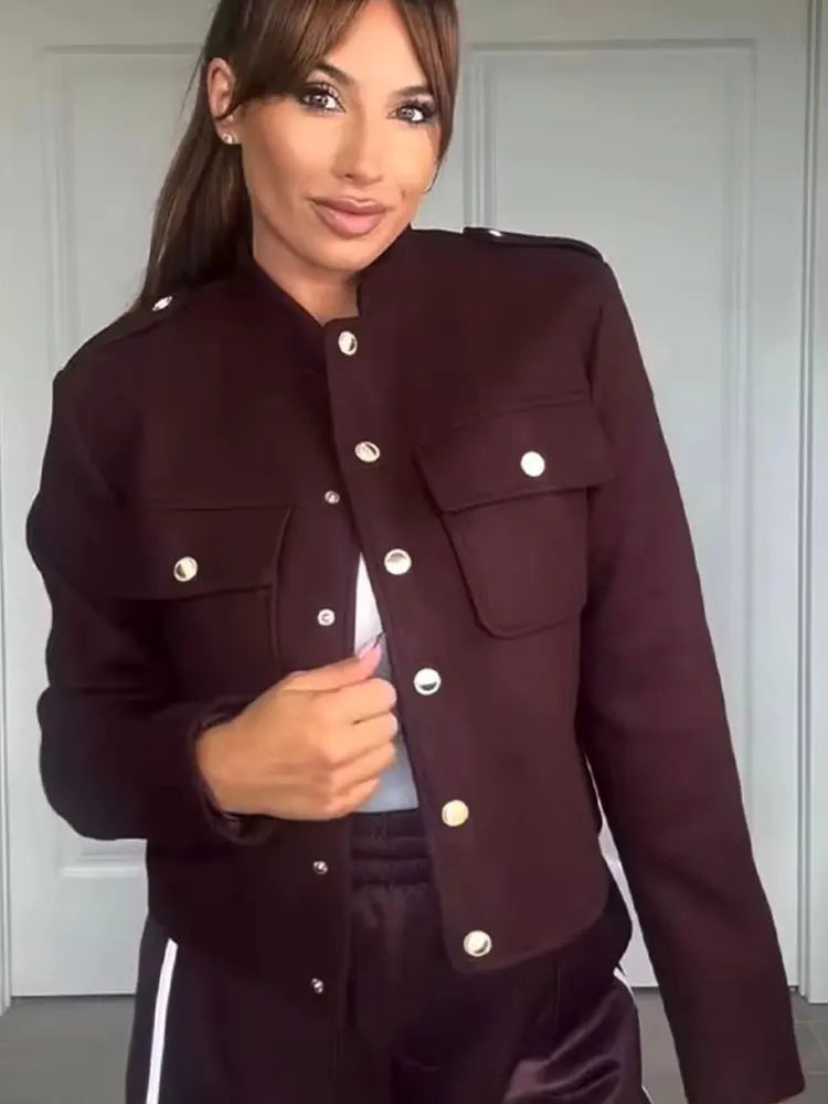 HH Women Vintage Wine Red Coat O Neck Long Sleeve Single Breasted Jacket With Pockets Autumn Casual Office Lady Outerwear