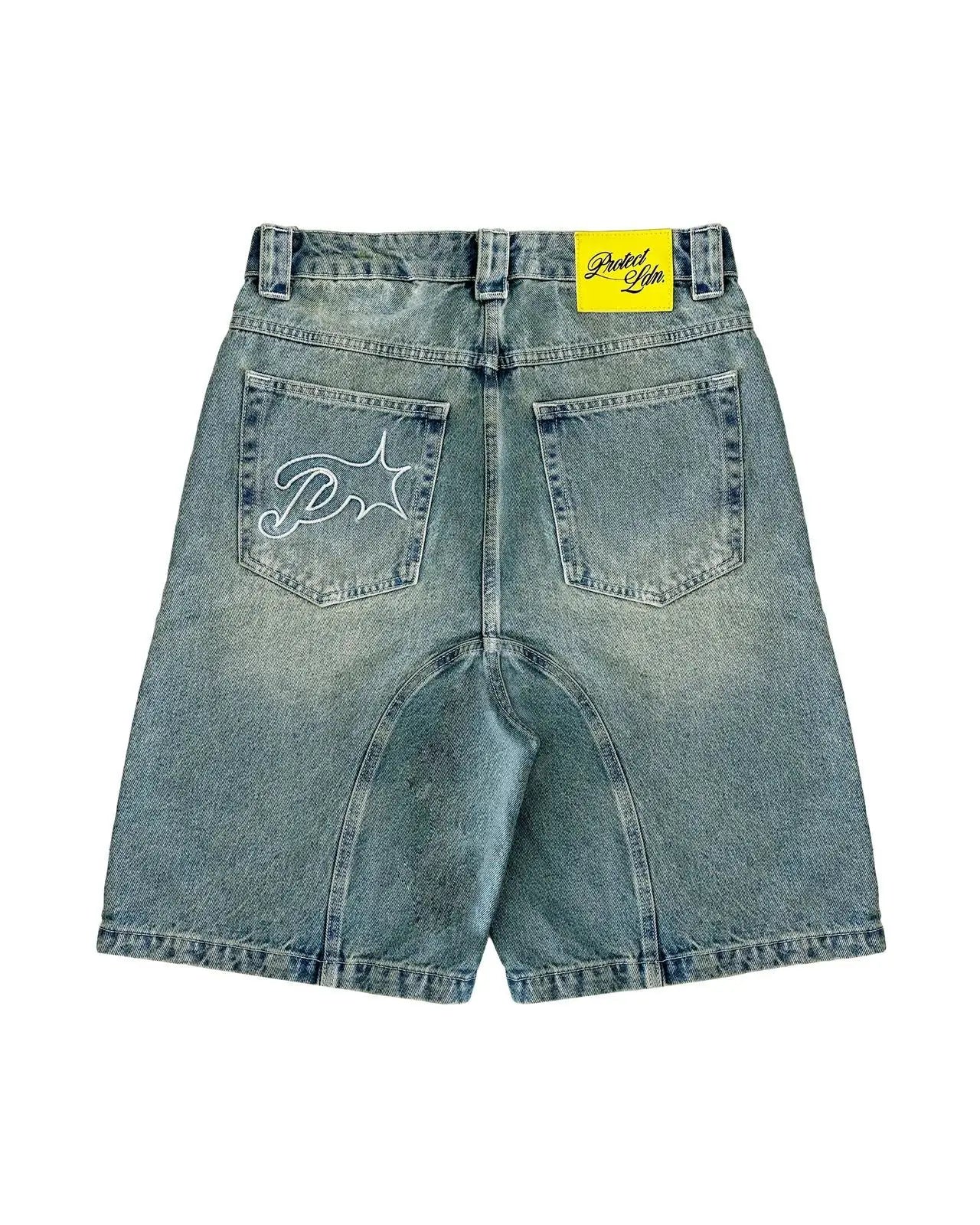Premium Vintage Y2k Men Women Harajuku Short Jeans Washed Embroidery American Retro Man Denim shorts Summer Loose Hip Hop Streetwear limited