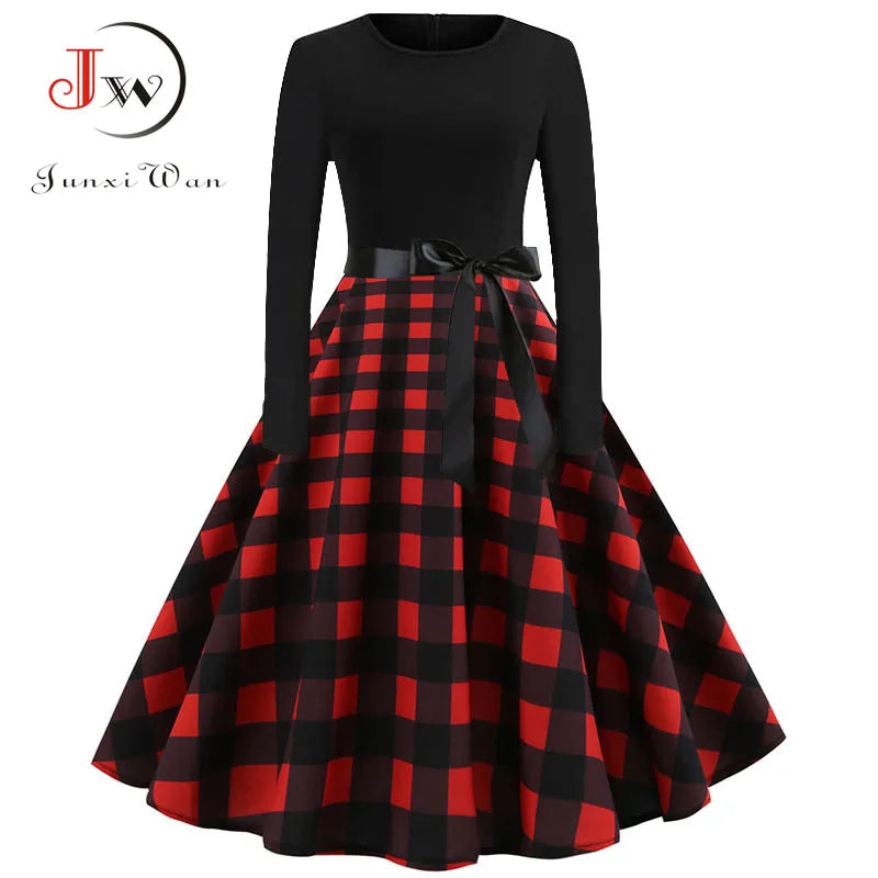 Vintage Christmas Dress for Women Elegant Swing Party Gown Long Sleeve Black Casual Print 50s 60s Style
