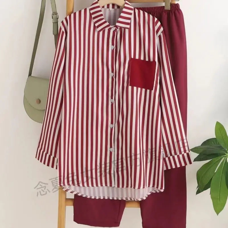 Loose Casual Two Piece Sets For Women Fashion Elegant Comfort Striped Long Sleeve Shirts And Pants Sportswear 2026 Spring Summer