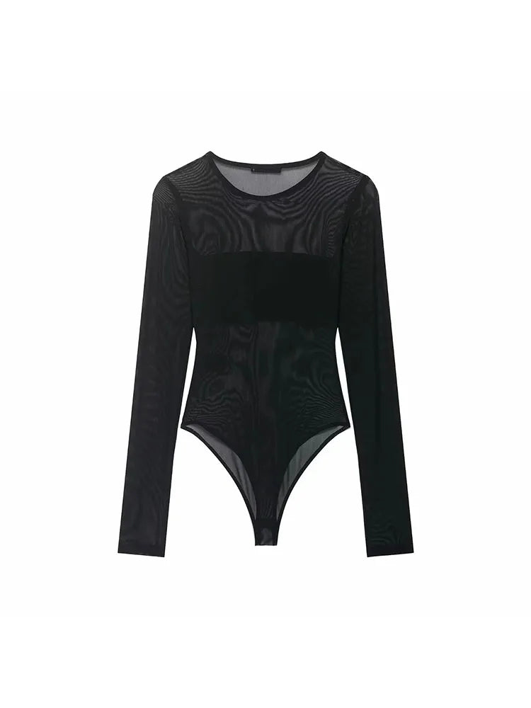 Women Sexy Mesh See Through Bodysuit Women Long Sleeve Sheer Bodysuits O Neck Bodycon Jumpsuit Female Romper