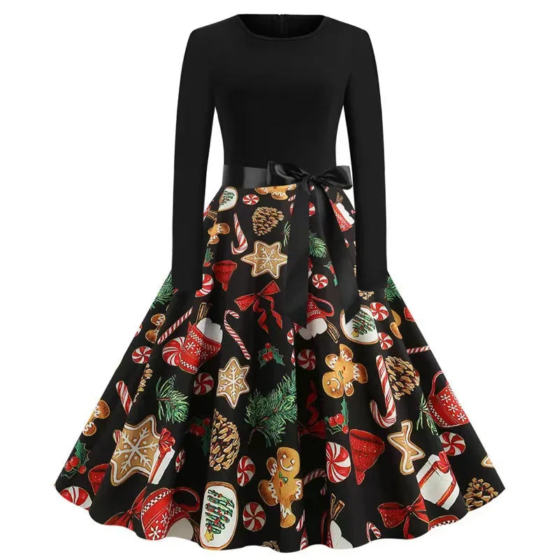 Vintage Christmas Dress for Women Elegant Swing Party Gown Long Sleeve Black Casual Print 50s 60s Style