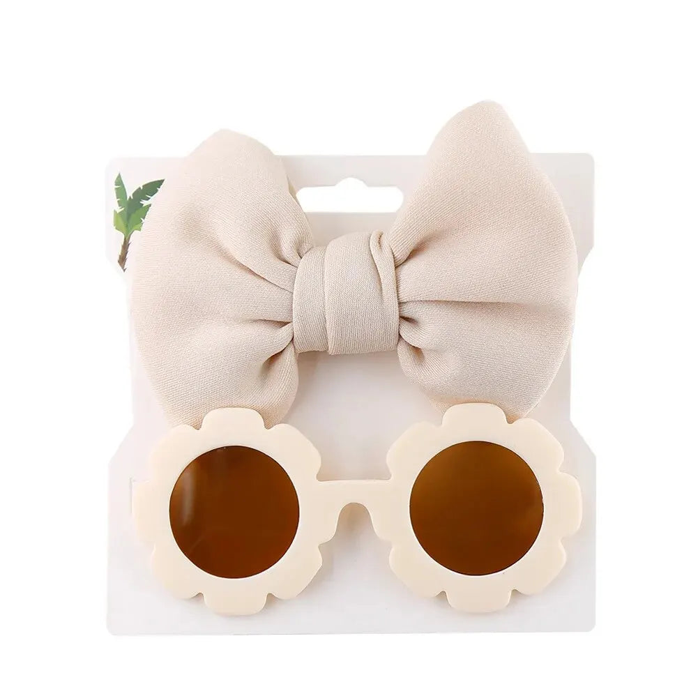 2 Pcs/Set Baby Sunglasses Hairband Set Flower Shape Children Glasses Cartoon Bows Headband Set