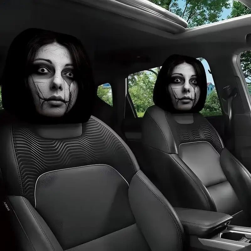 2pcs Headrest Covers For Cars Automotive Seat Guard Cute Scary Face Pattern Cartoon Car Headrest Covers For Decoration
