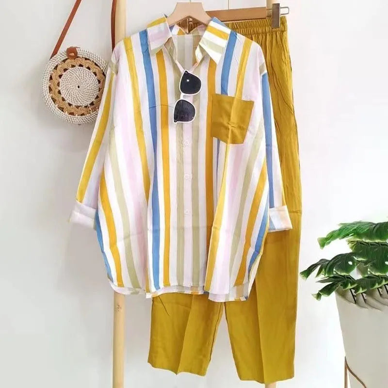 Loose Casual Two Piece Sets For Women Fashion Elegant Comfort Striped Long Sleeve Shirts And Pants Sportswear 2026 Spring Summer