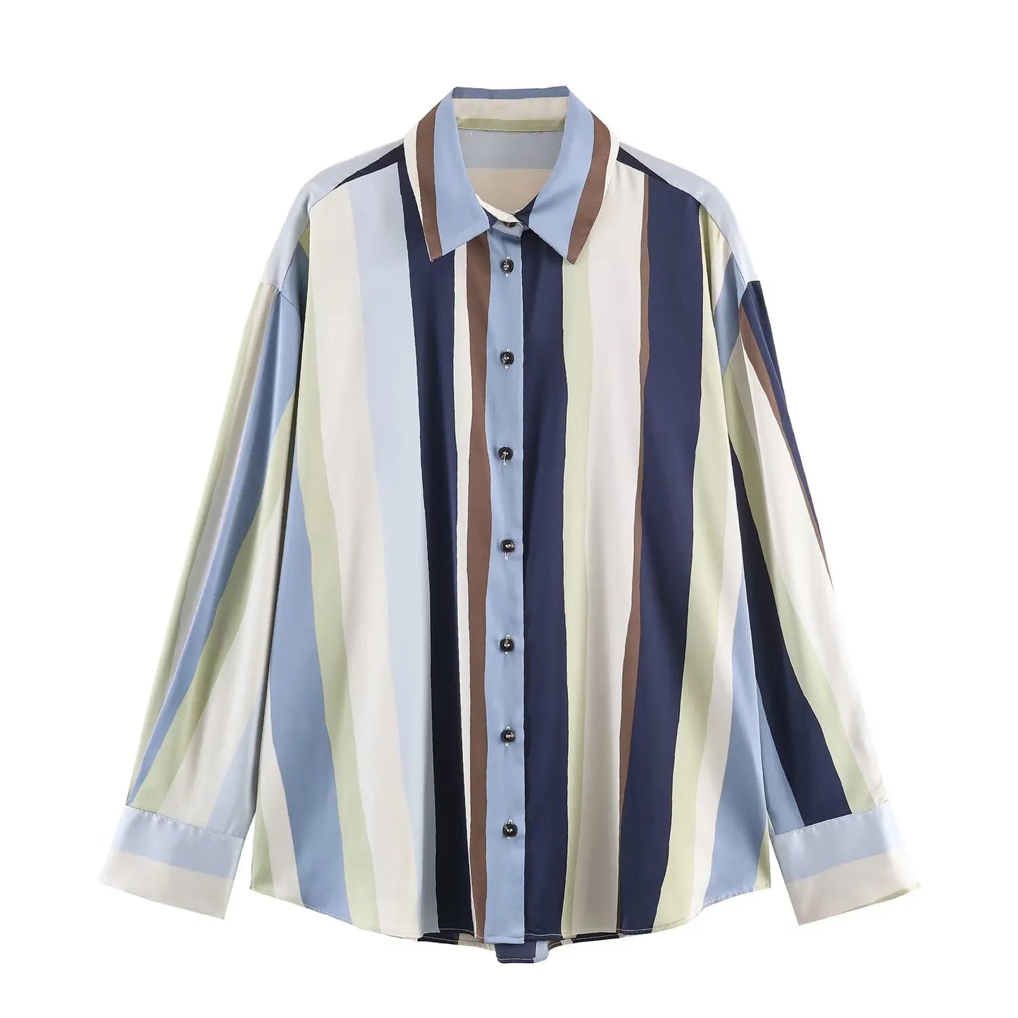 Women Striped Shirts Spring Summer Female Turn-Down Collar Blocking Design Long Sleeved Casual Shirt Tops Ladies' Shirt