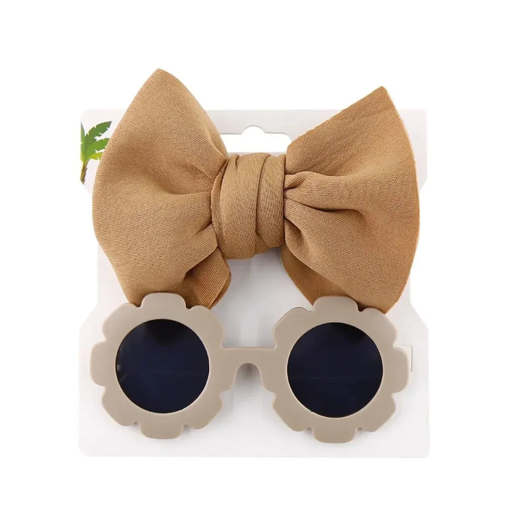 2 Pcs/Set Baby Sunglasses Hairband Set Flower Shape Children Glasses Cartoon Bows Headband Set