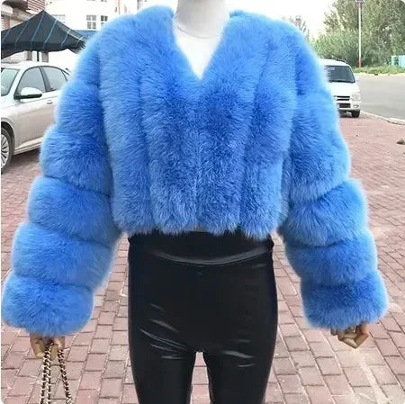 Faux Fox Fur Coat V-Neck Winter Woman Long Sleeve Warm Winter Coat Women Fashion Luxury New Fur Jacket Teddy Chic Outwear 2024